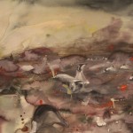 Ma 5.4.2010 Haahkoja sumussa <br />       akvarelli/ guassi paperille, 57* 76cm <br />       Eiders in the fog, aquarelle and gouache on paper